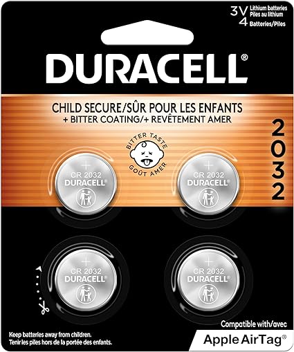 Four Duracell CR2032 batteries are displayed on a package; they are child-safe and bitter-coated; compatible with Apple AirTags.