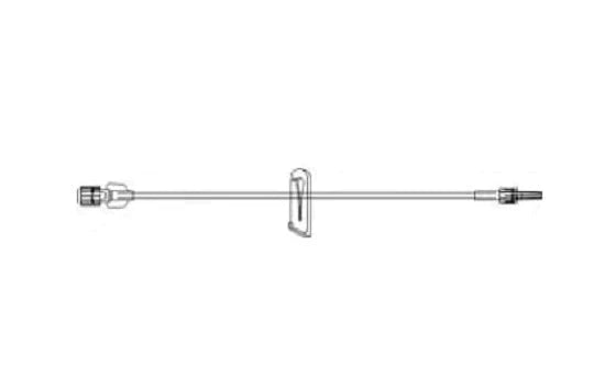 A catheter extends horizontally, featuring connectors at both ends and a central stabilizing clip. It's depicted against a white background.