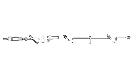 A medical intravenous (IV) line, tubing, and components are depicted; it is shown extending horizontally across a white background.