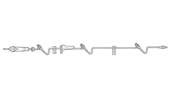 A medical intravenous (IV) line, tubing, and components are depicted; it is shown extending horizontally across a white background.