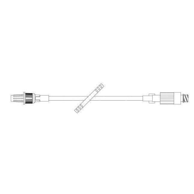 A white intravenous (IV) catheter tubing lies horizontally; it has a connector at each end.