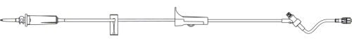 A medical intravenous (IV) line, extending from a needle to a fluid bag connector, is depicted in a line drawing.