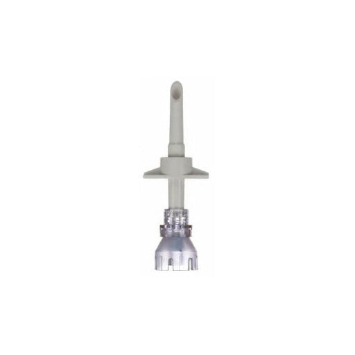 A gray plastic cannula, with a central dispensing opening, sits against a white background.