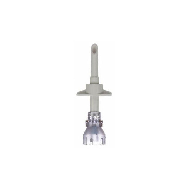 A gray plastic cannula, with a central dispensing opening, sits against a white background.
