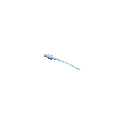 A plastic cannula extends from a connector, lying on a white background.