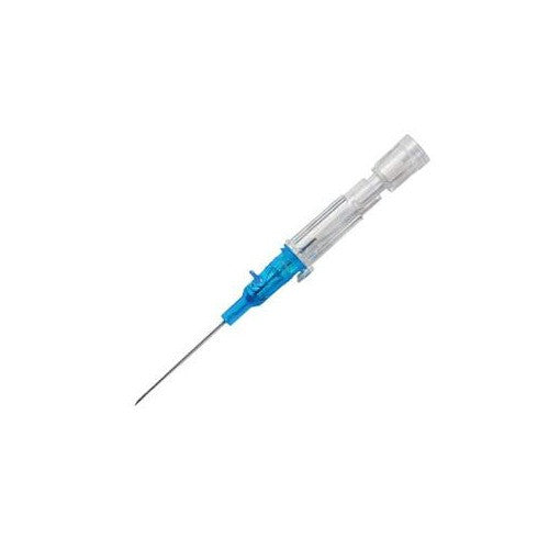 A clear, blue-tipped intravenous cannula lies at an angle against a white background.