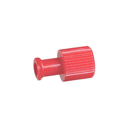 A red plastic plug sits on a white background. It has a cylindrical body with a knurled top for gripping.