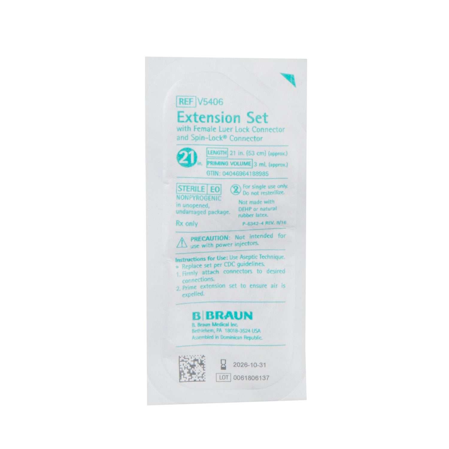 A sterile extension set, packaged for single use, is presented with instructions for aseptic use and connection.