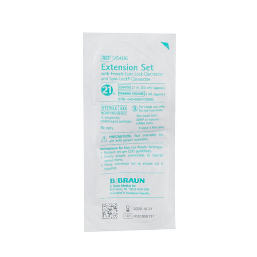 A sterile extension set, packaged for single use, is presented with instructions for aseptic use and connection.