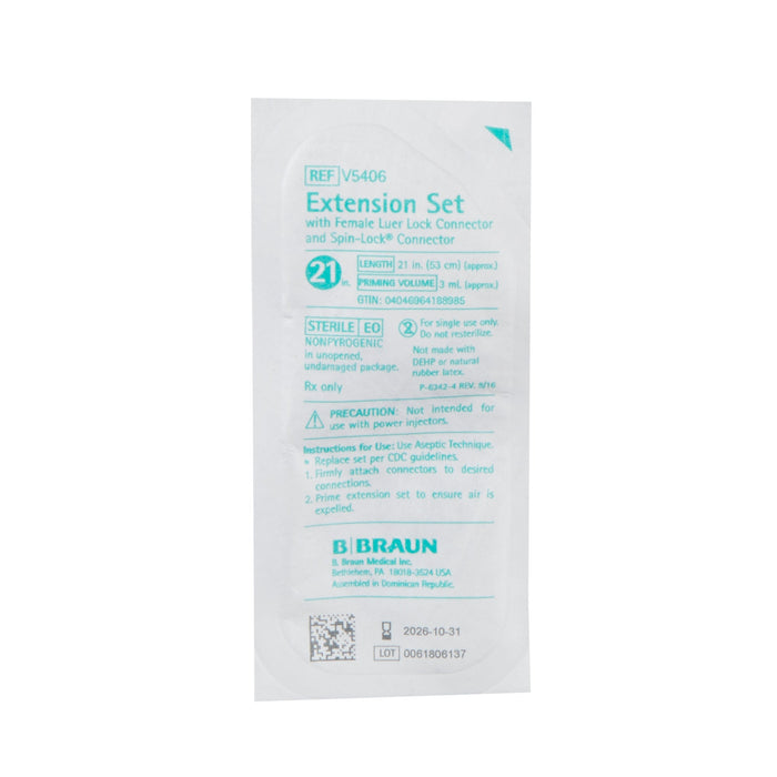 A sterile extension set, packaged for single use, is presented with instructions for aseptic use and connection.
