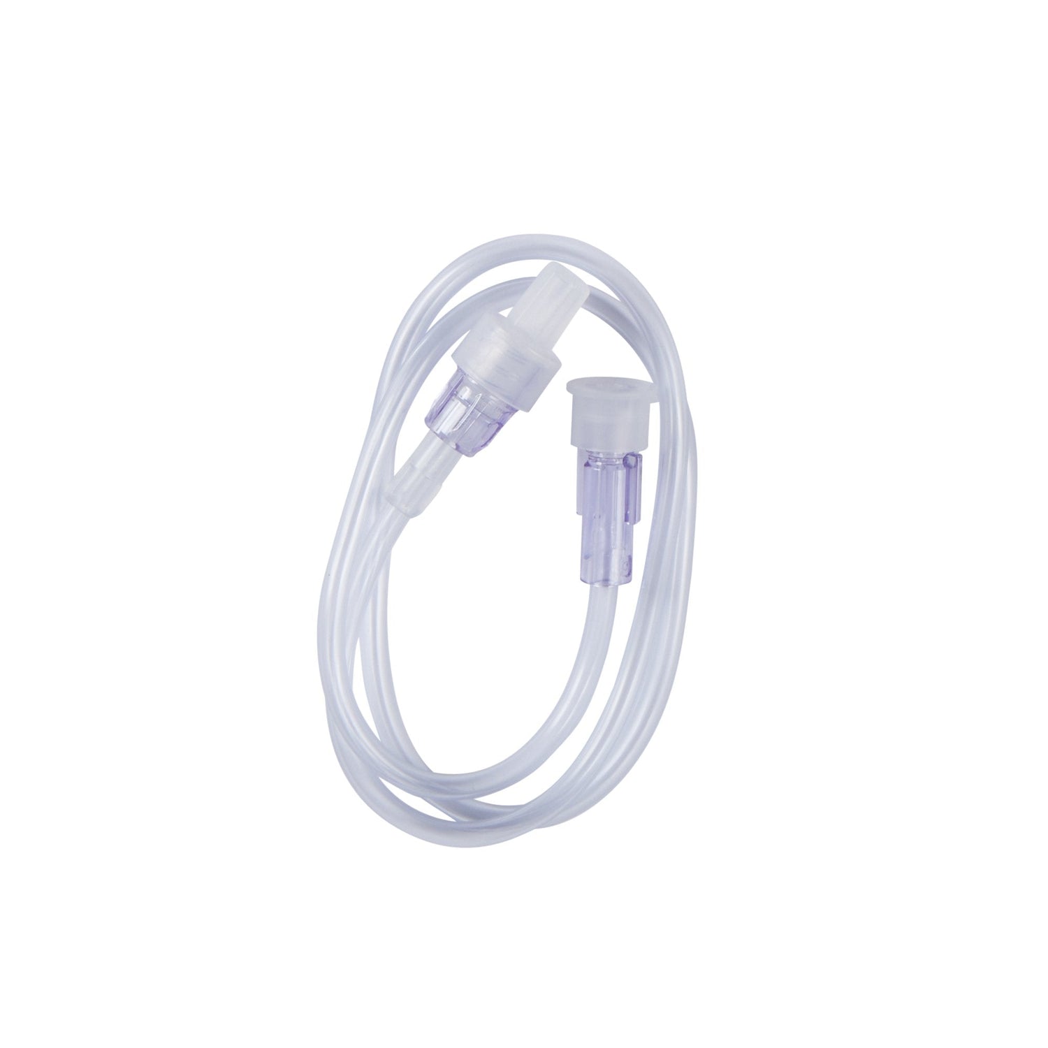A clear plastic intravenous tubing lies coiled; it features two connectors at its ends.