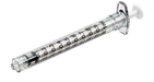 A clear, 1 ml syringe rests at a slight angle against a grey background. The syringe is empty.