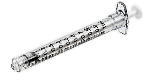 A clear, 1 ml syringe rests at a slight angle against a grey background. The syringe is empty.