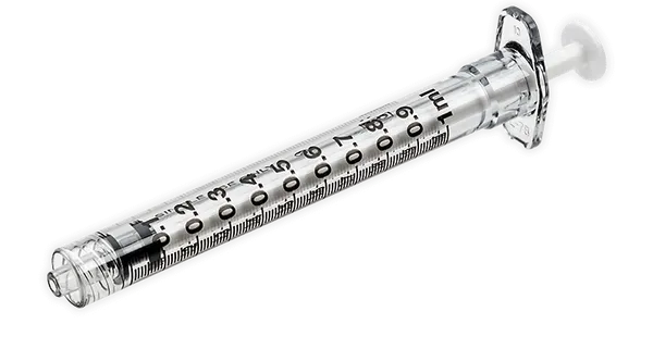 A clear, 1 ml syringe rests at a slight angle against a grey background. The syringe is empty.