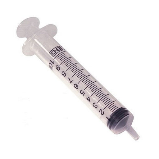 A clear plastic syringe rests on a white background; it displays milliliter measurements from 1 to 10 and the marking "BD".