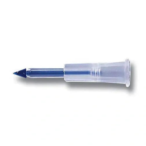 A lancet lies horizontally on a white background. The needle is dark blue, and the plastic casing is clear.