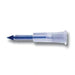 A lancet lies horizontally on a white background. The needle is dark blue, and the plastic casing is clear.