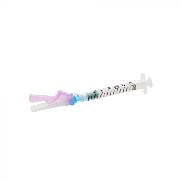 A syringe with a small amount of liquid rests on a white background. A purple and blue connector is attached to the syringe’s tip.
