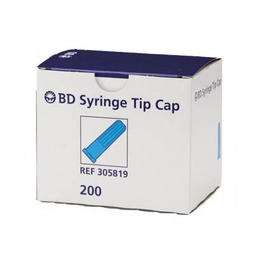 A box of 200 BD Syringe Tip Caps sits on a surface. The box is white with blue lettering, showing a graphic of a blue cap. REF 305819 is also printed on the box.