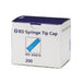 A box of 200 BD Syringe Tip Caps sits on a surface. The box is white with blue lettering, showing a graphic of a blue cap. REF 305819 is also printed on the box.