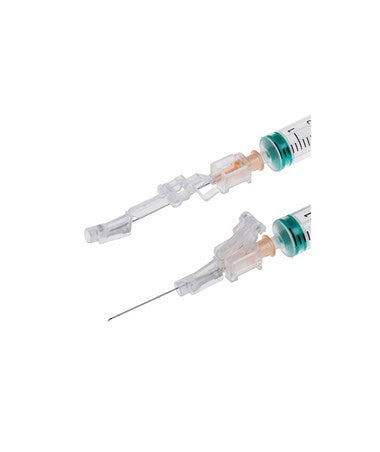 Two intravenous cannulas connect to syringes; one is attached, the other is detached. The transparent plastic cannulas are in a sterile, clinical setting.