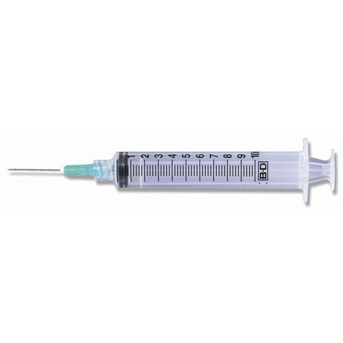 A 10ml BD syringe lies on a white background; it is ready for use.