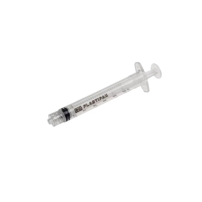 A clear plastic syringe rests on a white background; the syringe is labeled "BD PLASTIPAK".