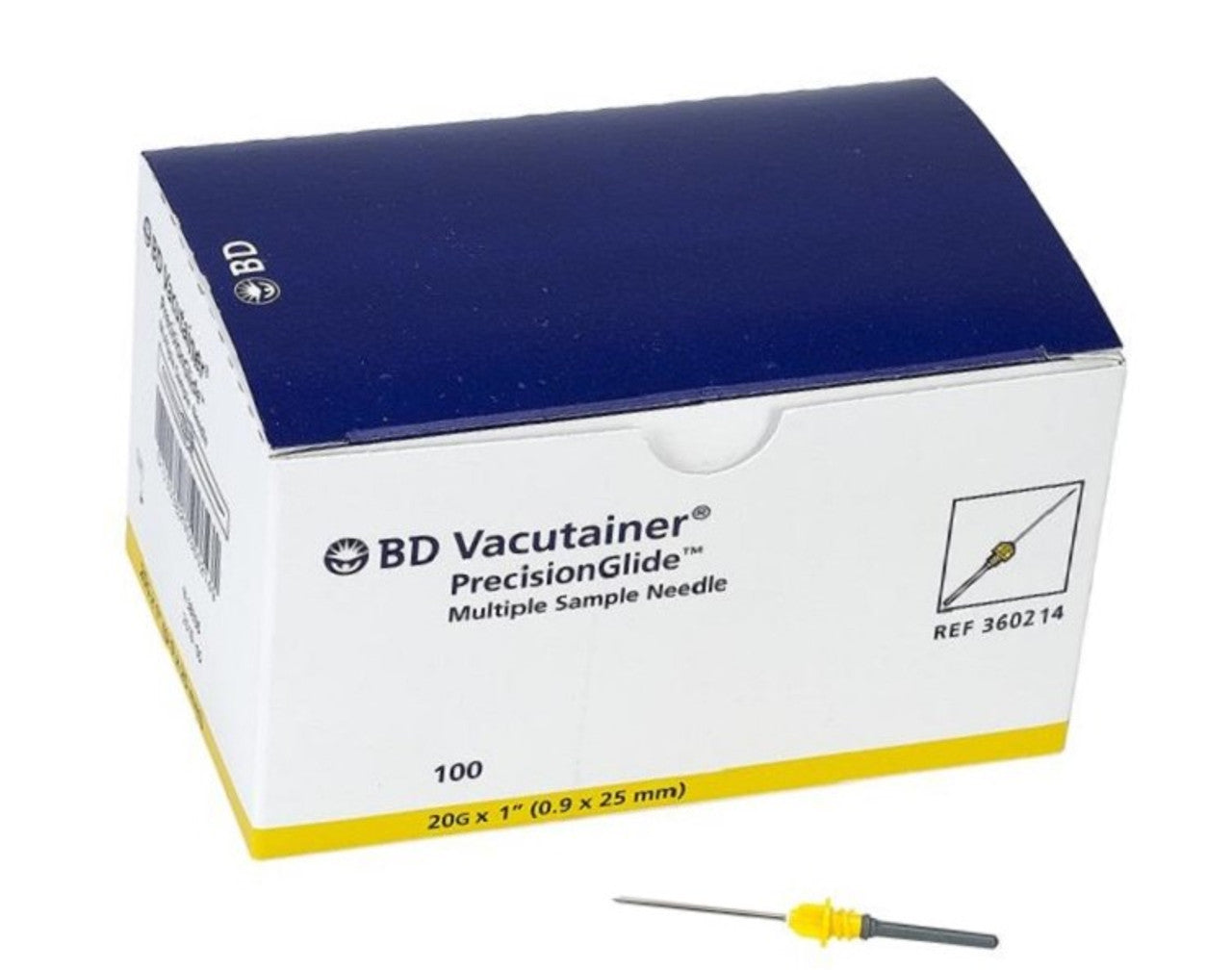 A box of BD Vacutainer PrecisionGlide multiple sample needles (100, 20G x 1") rests on a white surface. REF 360214.