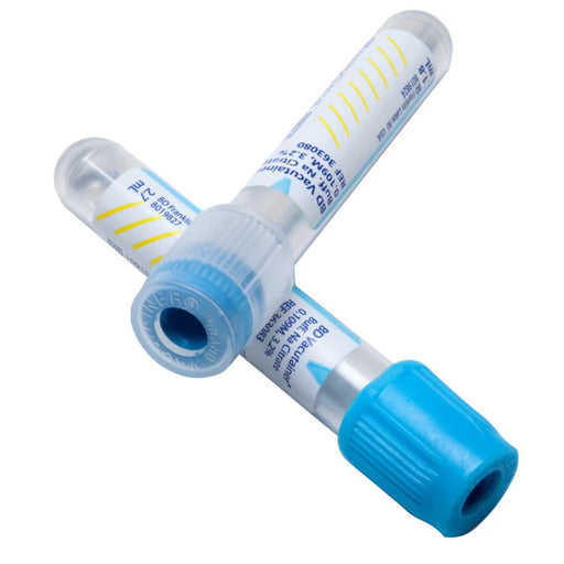 Two BD Vacutainer tubes, lying crisscrossed, are shown against a white background. The tubes are capped with light blue plastic. The labels indicate they contain buffered sodium citrate.