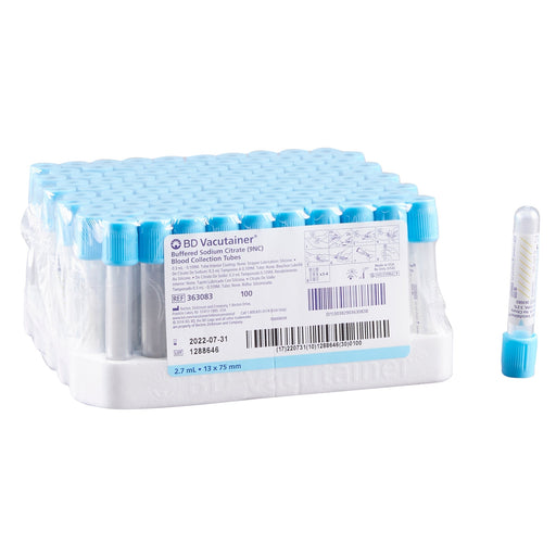 A box of 100 BD Vacutainer buffered sodium citrate blood collection tubes sits on a white background; a single tube is shown separately.