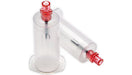Two clear plastic blood collection tubes, containing a needle, sit upright on a white background.