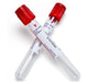 Two blood collection tubes, with red caps, are lying crossed against a white background.