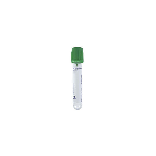 A vacutainer tube sits upright against a white background. The tube has a green cap and contains a clear liquid.