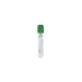 A vacutainer tube sits upright against a white background. The tube has a green cap and contains a clear liquid.