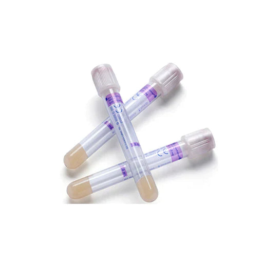 Three transparent tubes containing a light-brown liquid rest on a white surface. They are capped with white tops and have purple labeling.