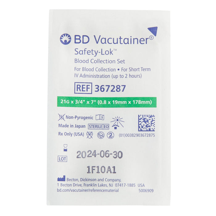 A BD Vacutainer Safety-Lok Blood Collection Set displays product information, including reference number 367287, lot number 1F10A1, and expiration date 2024-06-30. It is packaged for blood collection and short-term IV administration.