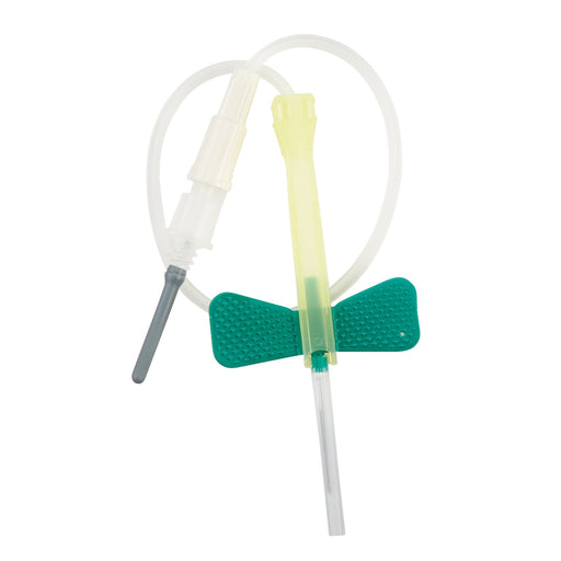 A winged infusion set, with a green plastic wing, is ready for use against a plain white background.