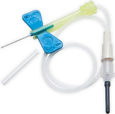 A winged infusion set lies coiled; its needle and tubing are ready for intravenous use.