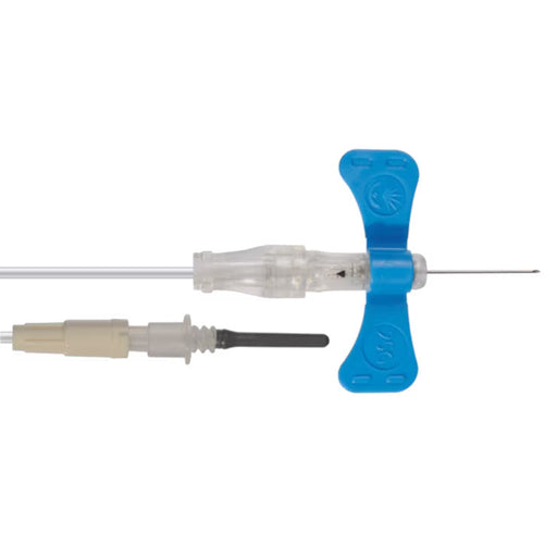 A butterfly needle set, assembled, showing a transparent cannula, blue wings, and a separate insertion stylet, against a white background.