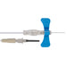 A butterfly needle set, assembled, showing a transparent cannula, blue wings, and a separate insertion stylet, against a white background.