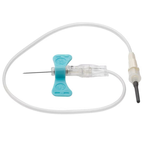 A winged infusion set, ready for use, lies on a plain white background.