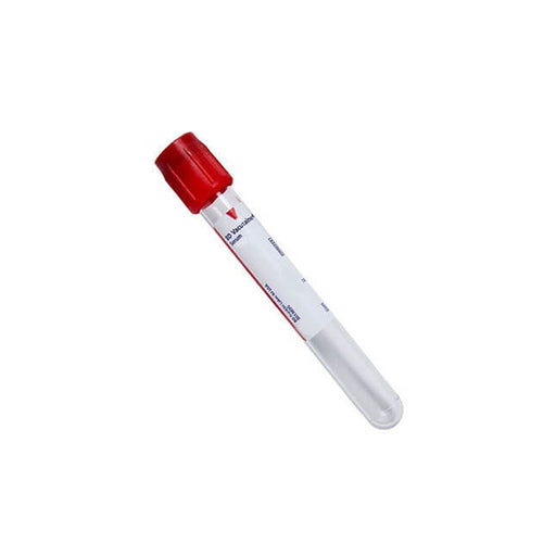A BD Vacutainer tube, lies on a white background. The tube has a red cap.