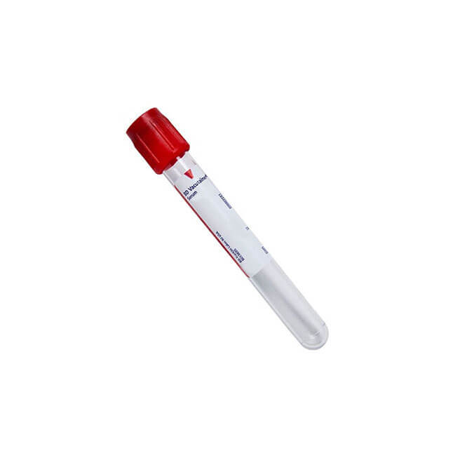 A BD Vacutainer tube, lies on a white background. The tube has a red cap.