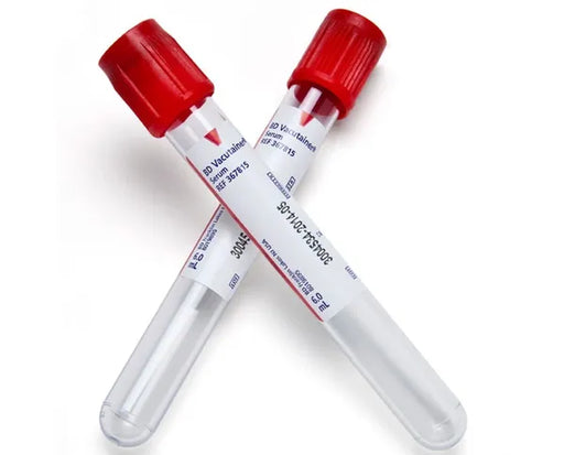 Two BD Vacutainer serum tubes, with red caps and labels, lie crisscrossed on a white background.