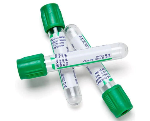 Three BD Vacutainer tubes, containing lithium heparin, lie overlapping on a white background. The tubes are clear with green caps and various volume markings. The labels indicate "75 USP Units" and "4.0 mL."