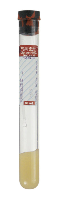 A 10 mL BD Vacutainer SST® Gel & Clot Activator Transport Plus Plastic tube contains a pale yellow liquid. The tube is capped, and stands upright.