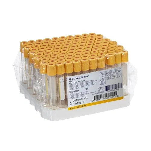 One hundred BD Vacutainer blood collection tubes are packaged together in a plastic tray. REF: 367986; 2018-03-31; 7082517; 5.0 mL x 13 x 100 mm.