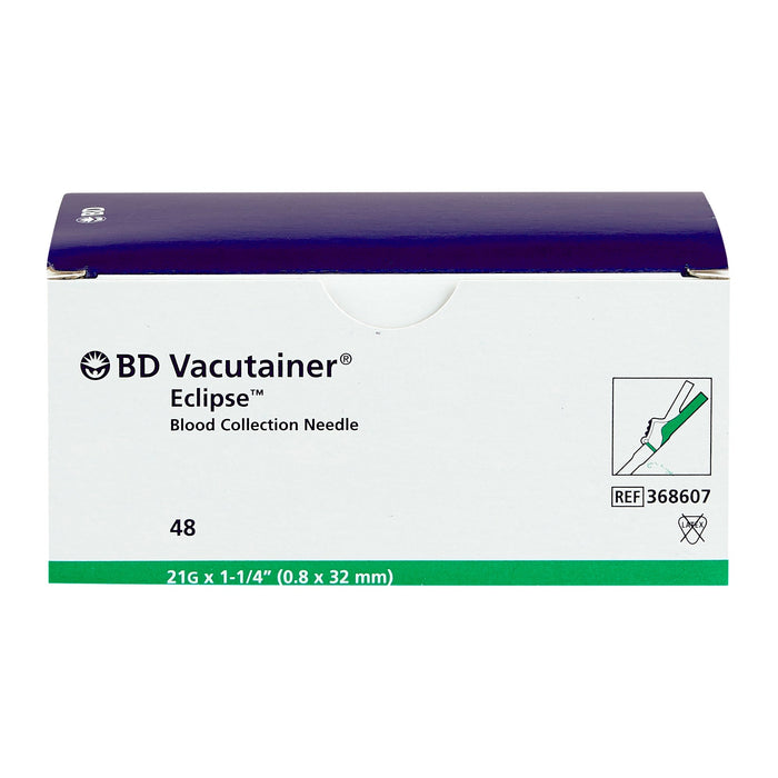 A box of 48 BD Vacutainer Eclipse blood collection needles (21G x 1-1/4") sits on a plain background. REF 368607.