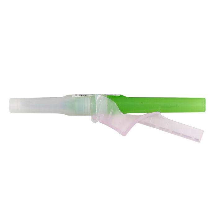 A green and white winged infusion set rests on a plain white background. It appears to be ready for use.
