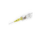 A clear intravenous cannula with a yellow catheter lies on a white background.